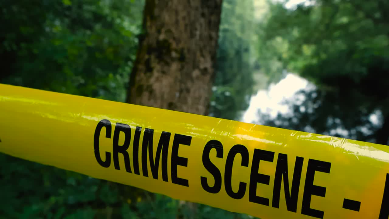Eerie close up of a yellow colored crime scene do not enter police tape ribbon pulled in front of a wooded forest area during summer cloudy day indicating a investigation is going on. Bokeh background