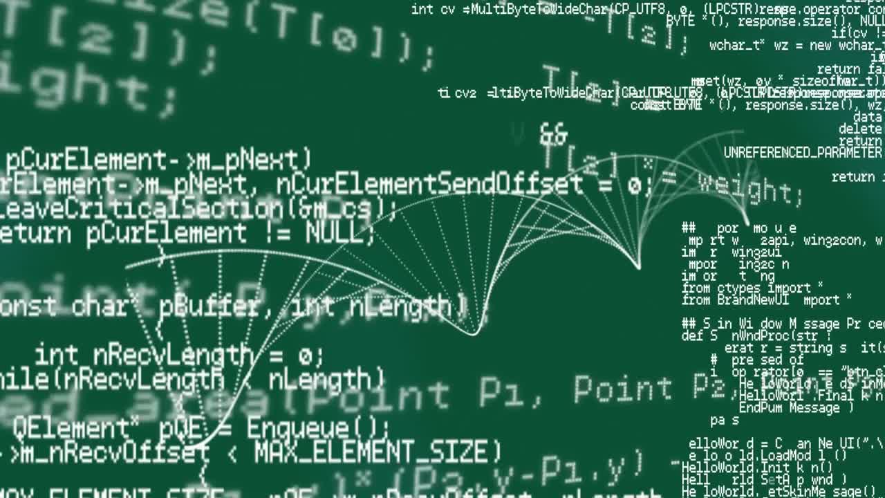 Animation of 3d dna strand spinning and scientific data processing over green background