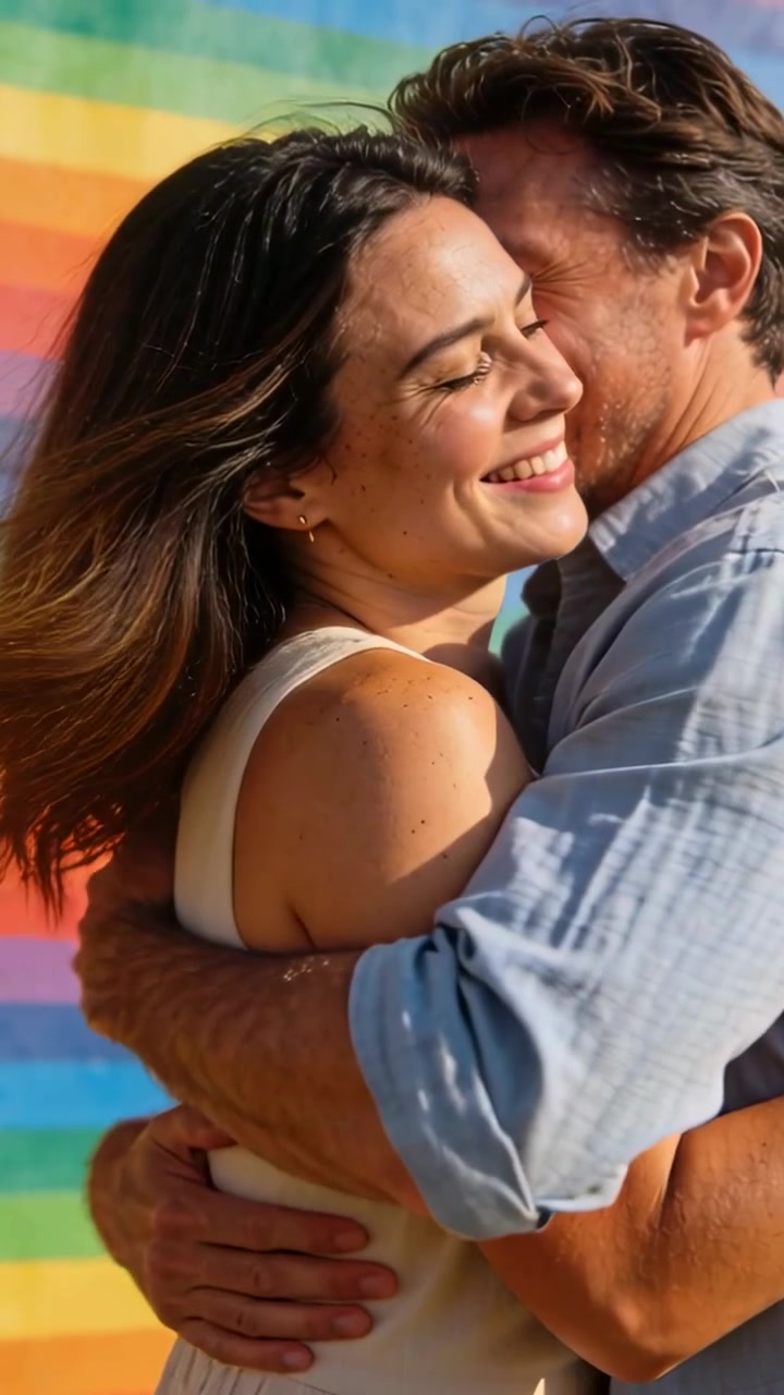 Video verticale: Coppia che si coccola mostrando amore davanti a un muro arcobaleno, vento che solleva i capelli, vestito bianco