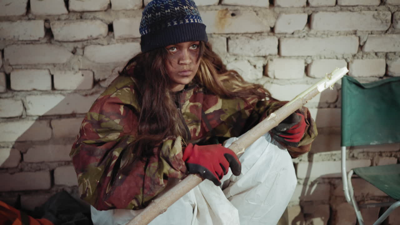 Fierce exile in camouflage jacket and red gloves sits against cracked brick wall gripping sharpened wooden stick tightly, eyes burning with anger rush forward in hostile survival struggle