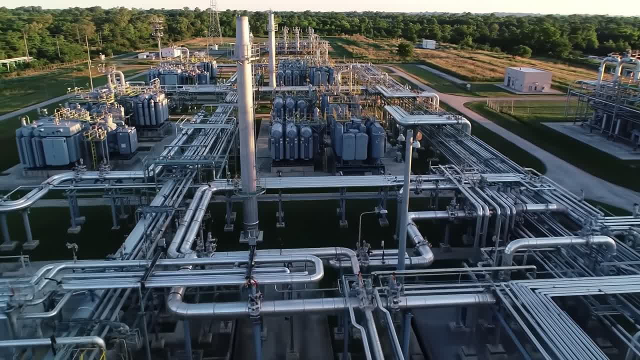 Impianto industriale che mostra un'ampia rete di tubazioni e macchinari in ambiente esterno