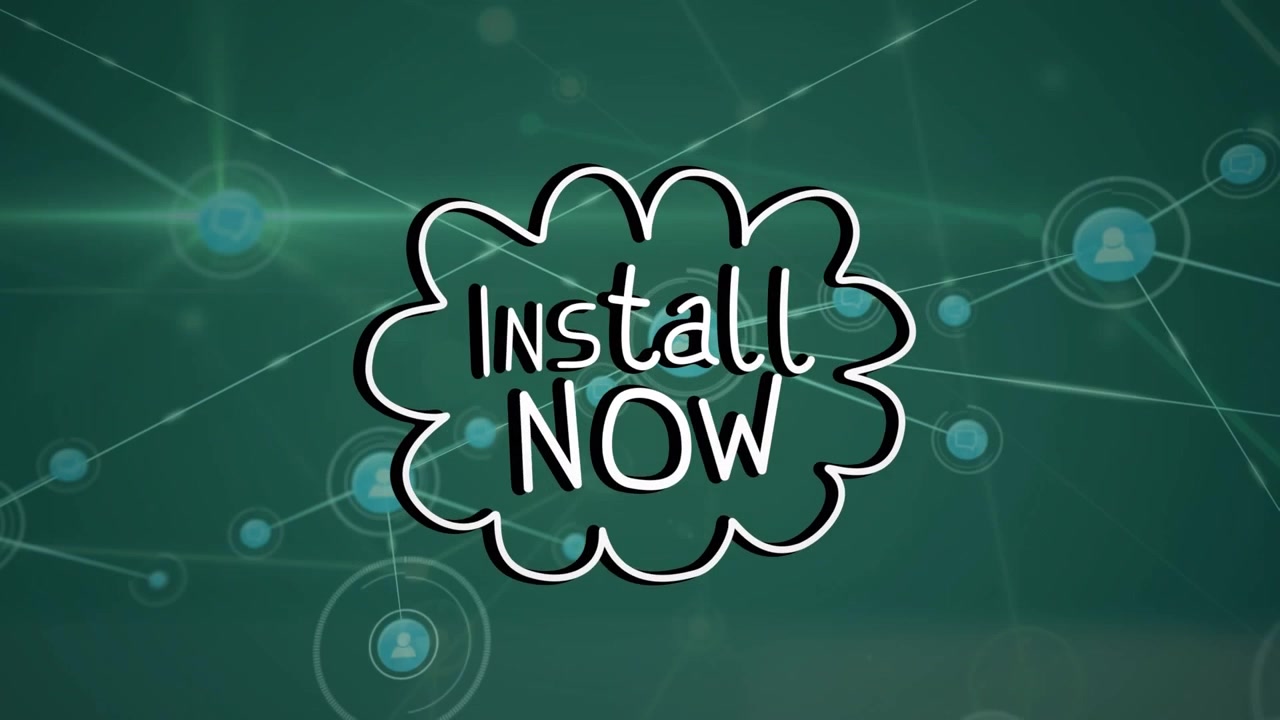 Animatie van de tekst 'nu installeren' in de cloud en stippen verbonden met lijnen, data en een abstracte achtergrond.