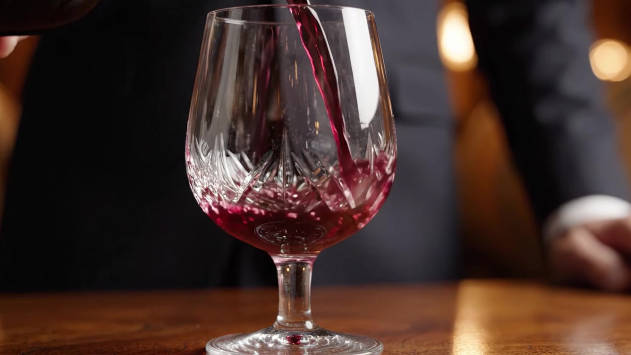 Una Mescita Sofisticata: Catturare il Momento in Cui un Vino Rosso Pregiato Viene Elegantemente Versato in un Bicchiere di Cristallo in un Ambiente Arredato con Gusto.