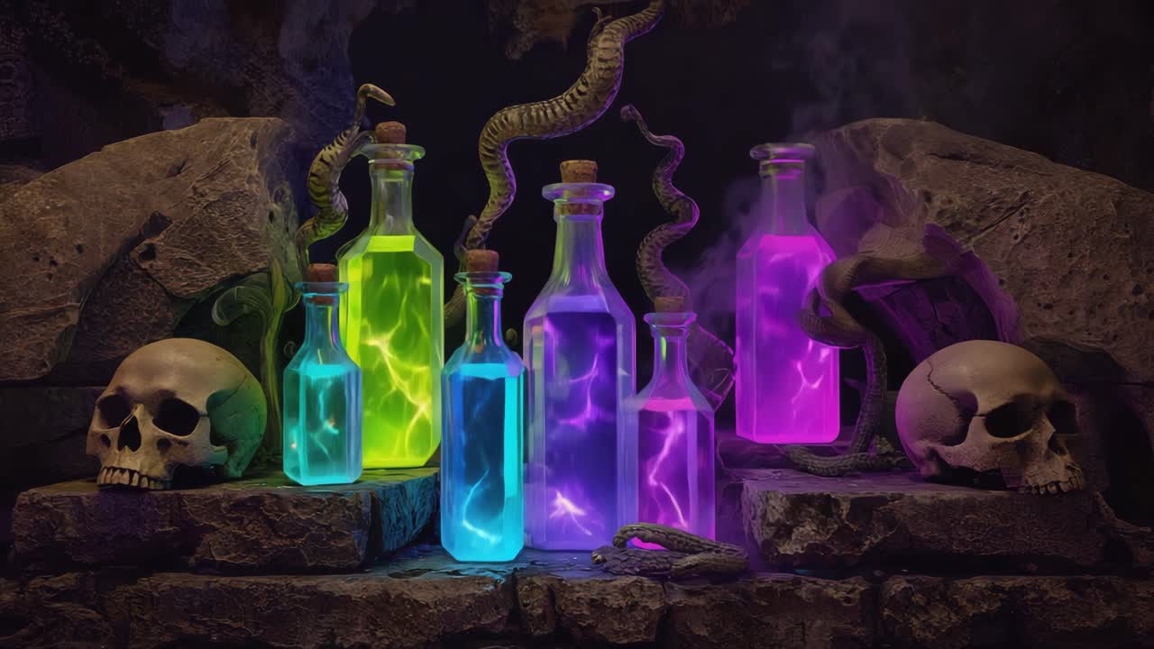 Glowing Potions and Skulls in a Mysterious Cave
