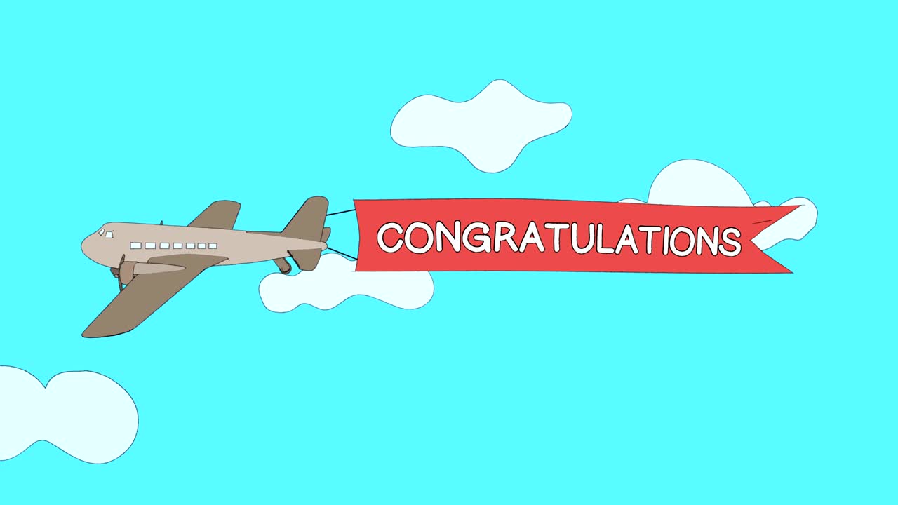 l'aereo sta passando attraverso le nuvole con il banner "congratulazioni" - loop senza soluzione di continuità