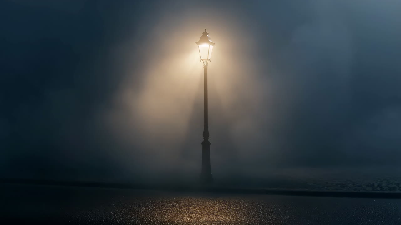 Solitary Lamp Post in Dense Fog at Night