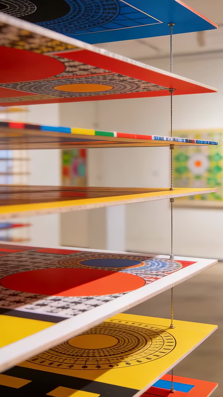 Video verticale: La telecamera in panoramica rivela una pila di pannelli sospesi in una galleria con aste e opere d'arte incorniciate.