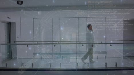 animation of network of connections with spots over male doctor