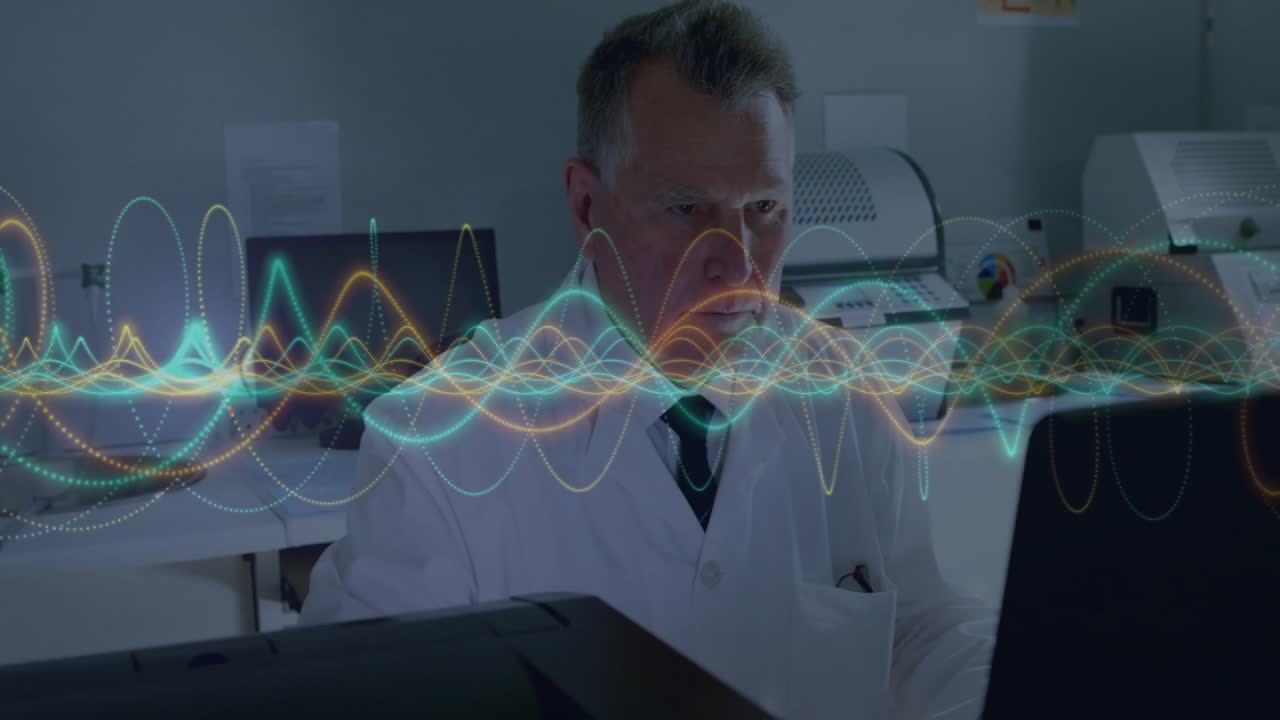 Analyzing data with colorful wave animation, scientist in laboratory using equipment