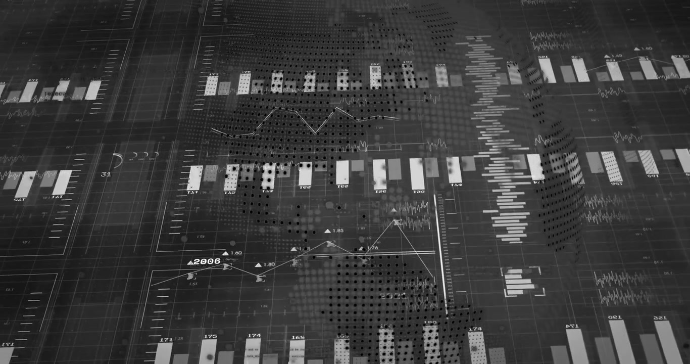 Bar chart appearing visualizing data with bars extending, line graph overlaying, globe rotating