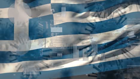 Makro-Corona-Virus-Breitet-Sich-Aus,-Im-Hintergrund-Weht-Die-Griechische-Flagge