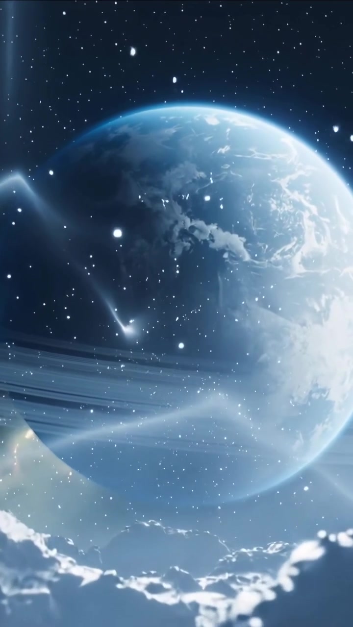 Video vertikal: Menggeser dari bulan berbatu, menunjukkan planet bercincin menerangi cakrawala dan aurora