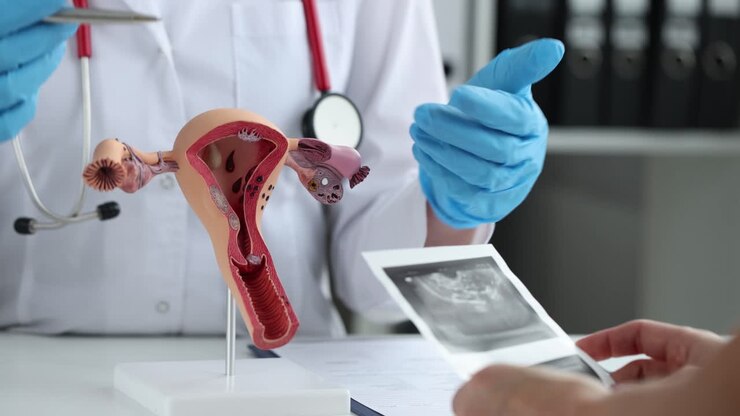 Doctor explaining the female reproductive system