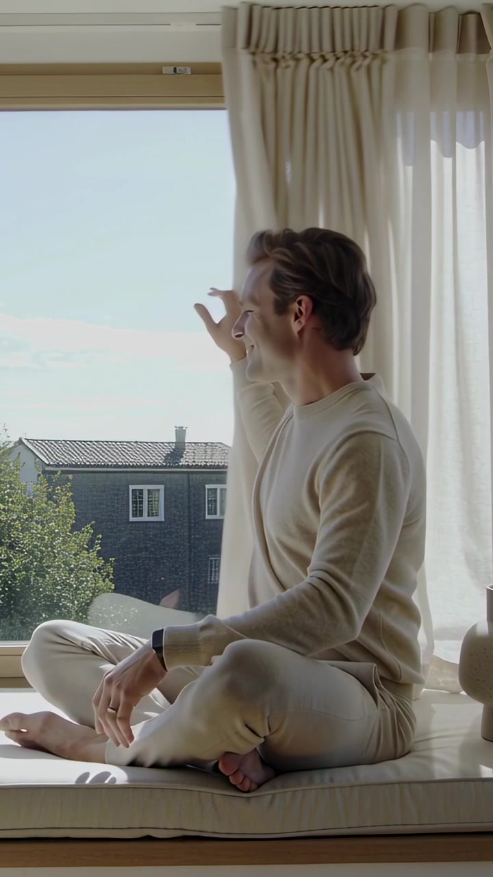 Vertical video: Noticing sun, man in lounge set pulling sheer curtain at window seat, seeing roof