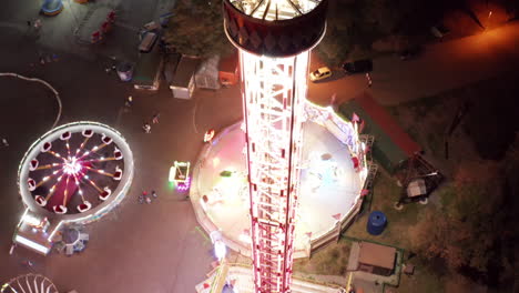 Aerial-view-of-drop-tower-in-carnival-or-amusement-park