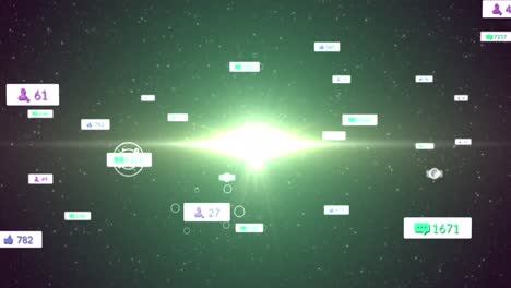 animación de iconos y números de redes sociales en banderas blancas sobre estrellas en un cielo verde