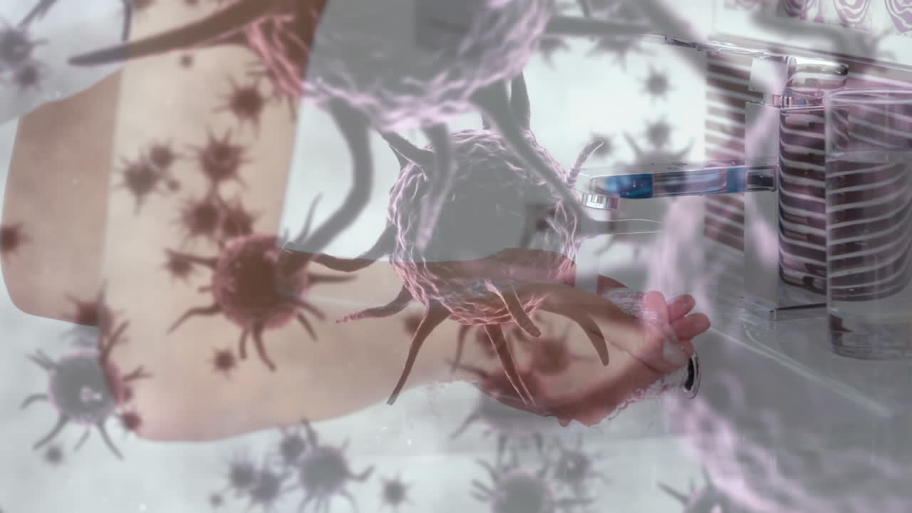 Animation of macro coronavirus Covid-19 cells spreading over woman washing her hands