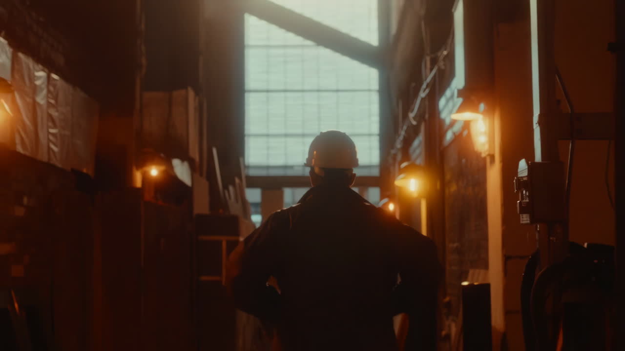 Worker in hard hat walking through an industrial building