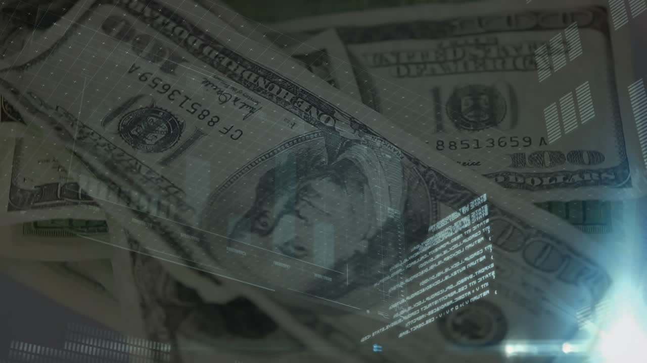 Animation of data processing over american dollar banknotes