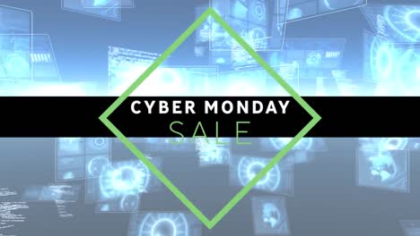 Cyber-monday-sale-text-banner-against-round-scanners-and-data-processing-on-blue-background