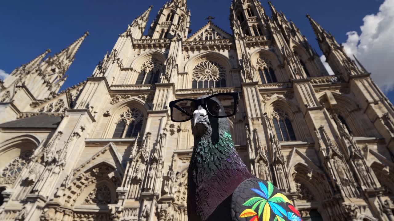 Pigeon with Sunglasses in Front of a Cathedral