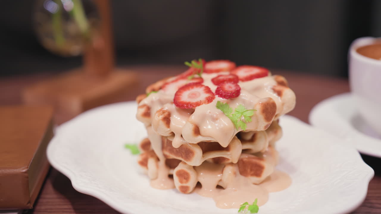 Delicious stack of golden waffles topped with creamy sauce and fresh strawberry slices served on elegant white plate, placed on brown wooden table near white cup and brown book in cozy indoor setting