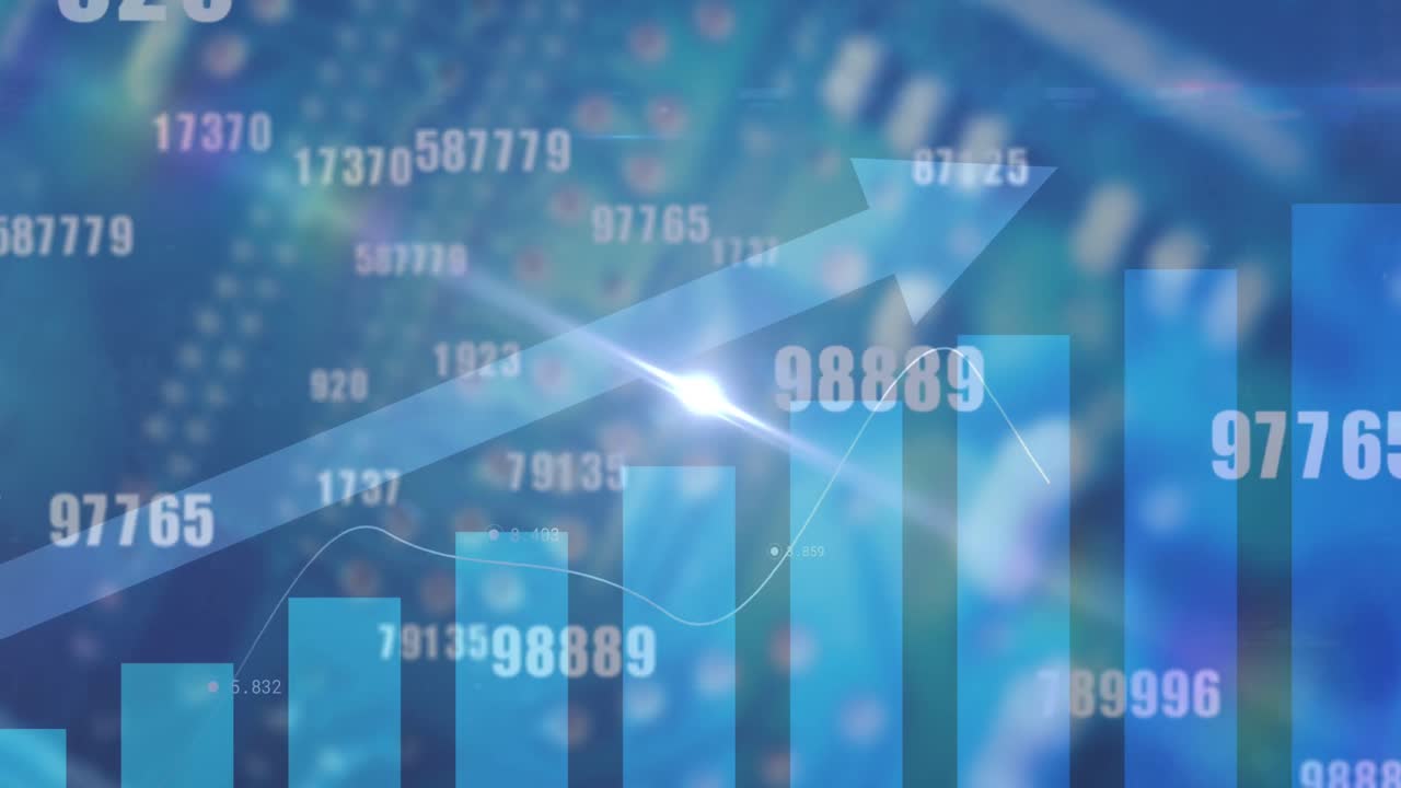 青い背景の統計データ処理の上に浮かぶ複数の変化する数字