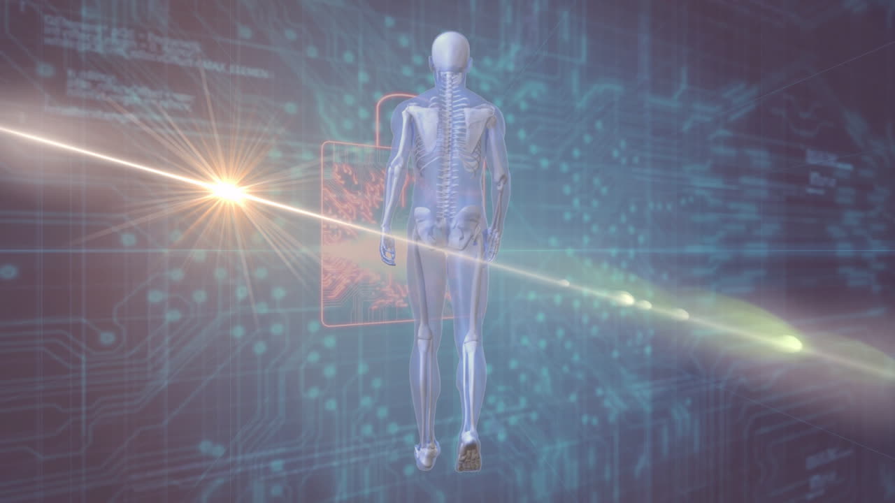 Animation of digital human anatomy with spine highlighted over futuristic data