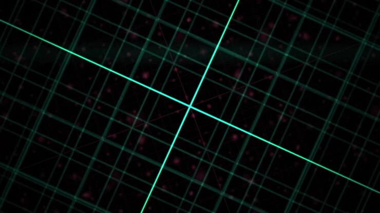 Rotating Green Grid with Crosshair and Particles on Black Background