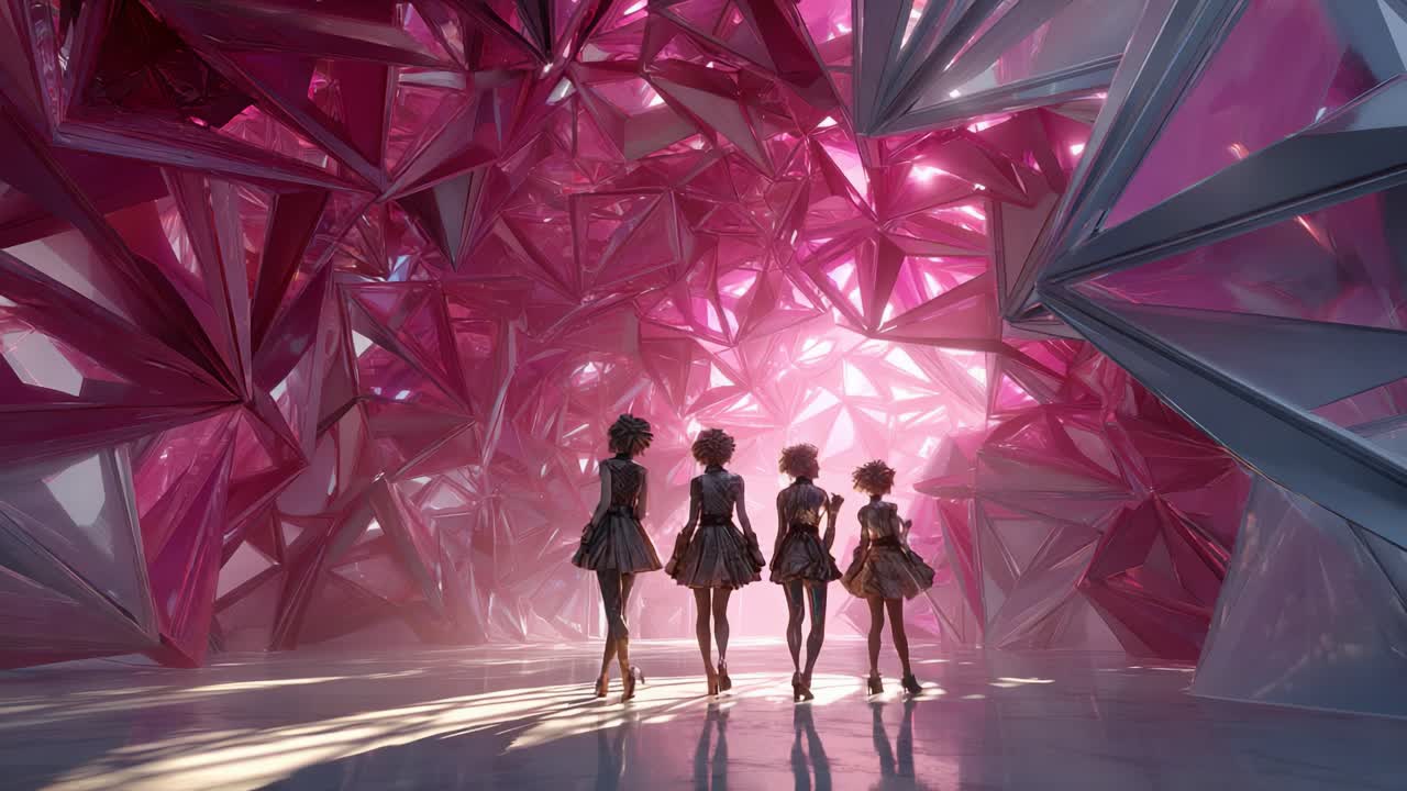 A mesmerizing scene featuring four stylish figures in elegant dresses silhouetted against a backdrop of intricate pink geometric structures, creating an enchanting atmosphere of art and fashion