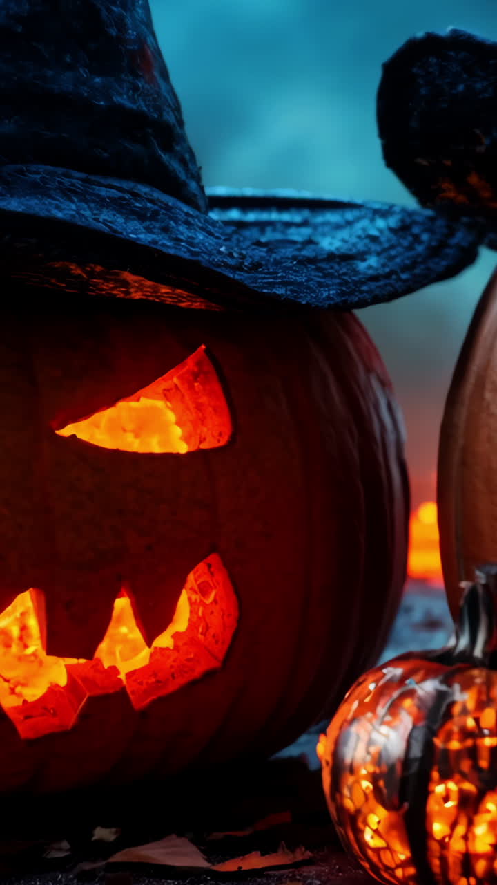 Two pumpkins with witch hats on top of a wooden table. The pumpkins are lit up and have scary faces
