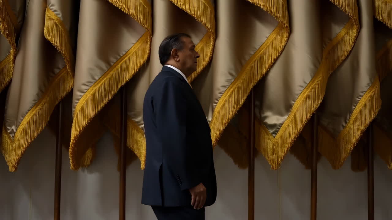 A man in a suit stands in profile before a line of ceremonial flags