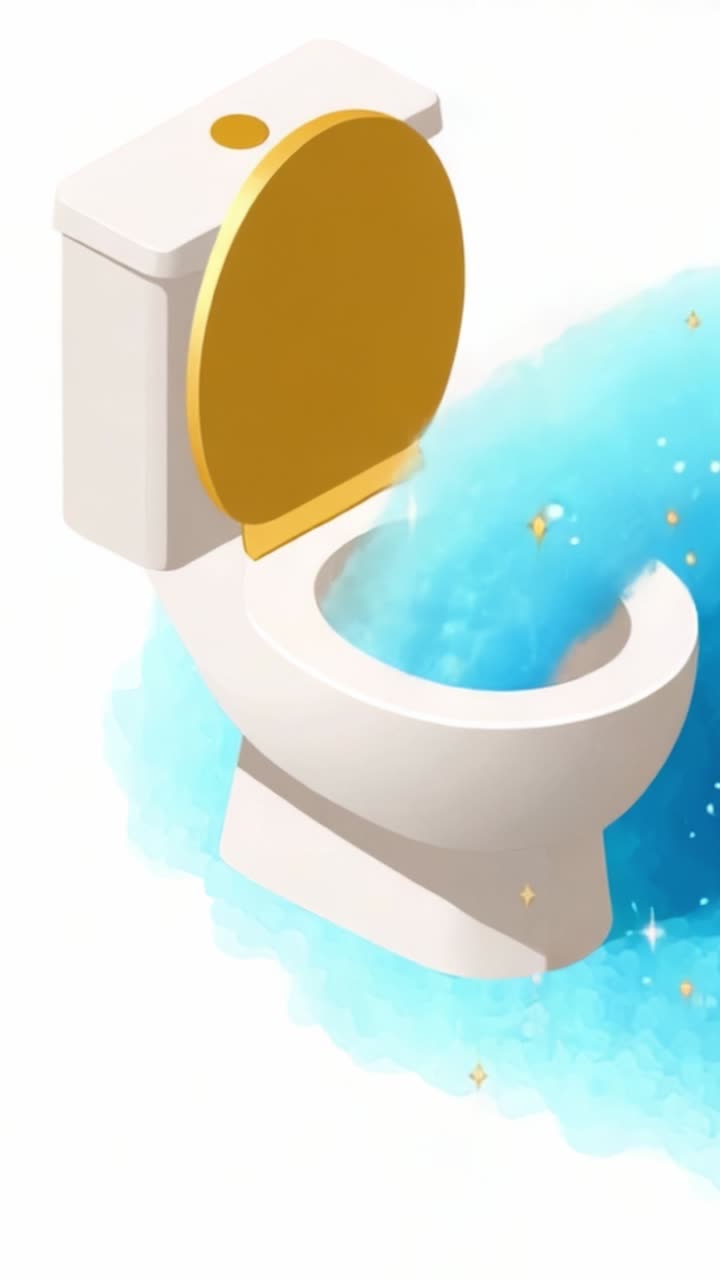 A Brightly Illustrated Toilet with a Golden Lid Surrounded by Sparkling Blue Water that Adds a Whimsical Touch to Bathroom Decor and Sanitation Themes