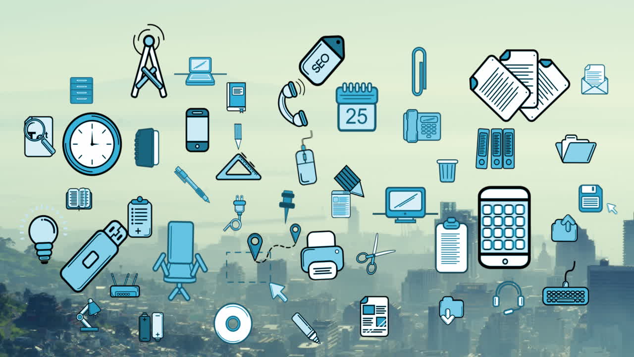 animación de múltiples iconos sobre una vista aérea del paisaje urbano moderno contra un cielo nublado.