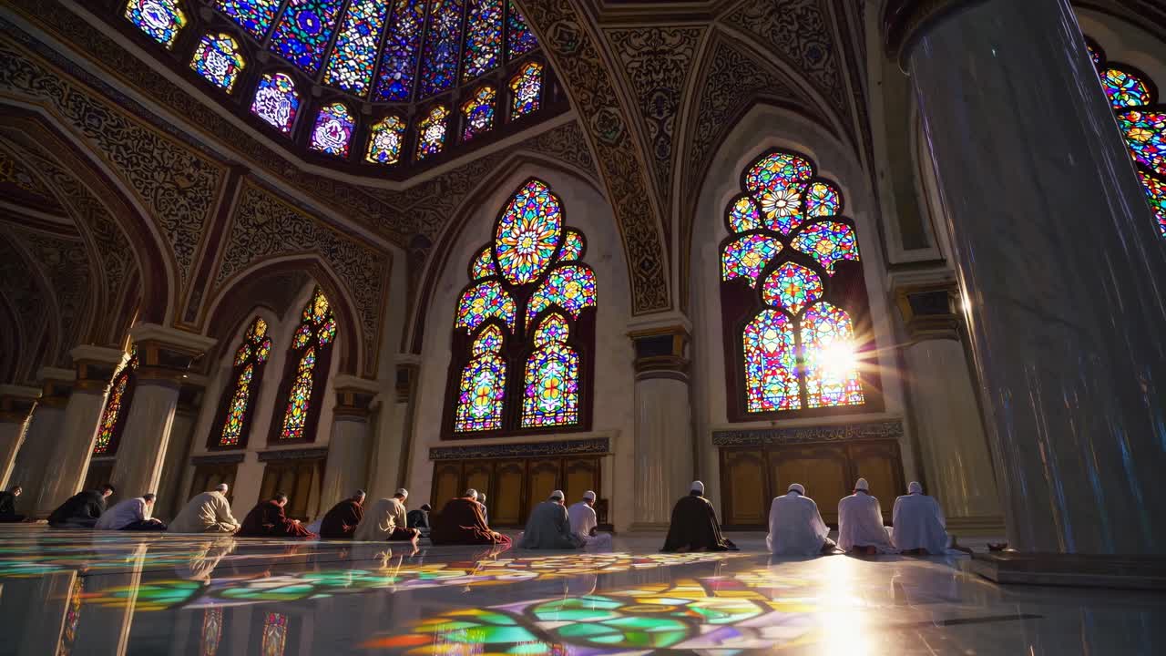 Video da angolazione bassa che cattura un sereno e decorato interno di una moschea con vivaci vetrate