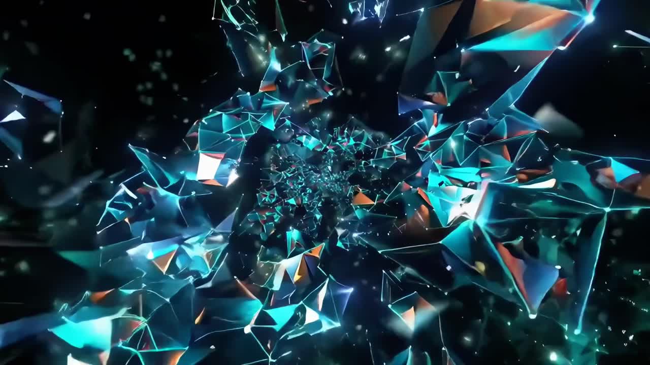 Abstract low-angle video of glowing geometric shapes and lines in a dark space