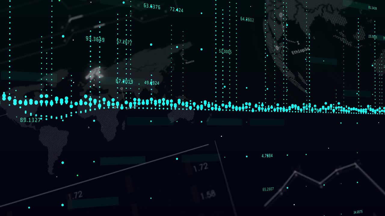 Camera panning starting layered global UI animating teal band, forming globe, showing trends