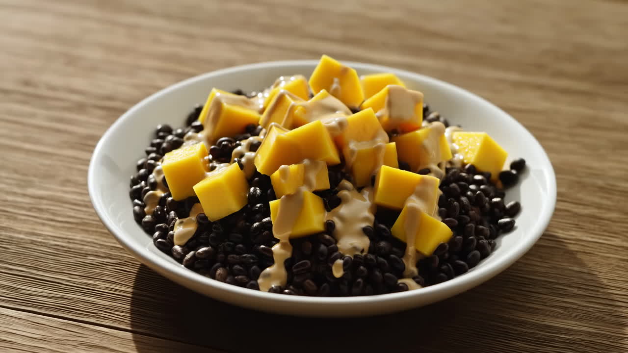 Healthy Black Bean and Mango Salad Drizzled with Creamy Sauce