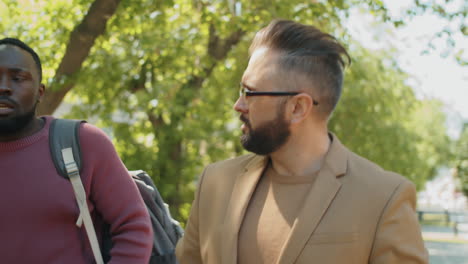 hombres multiétnicos caminando por el parque y hablando