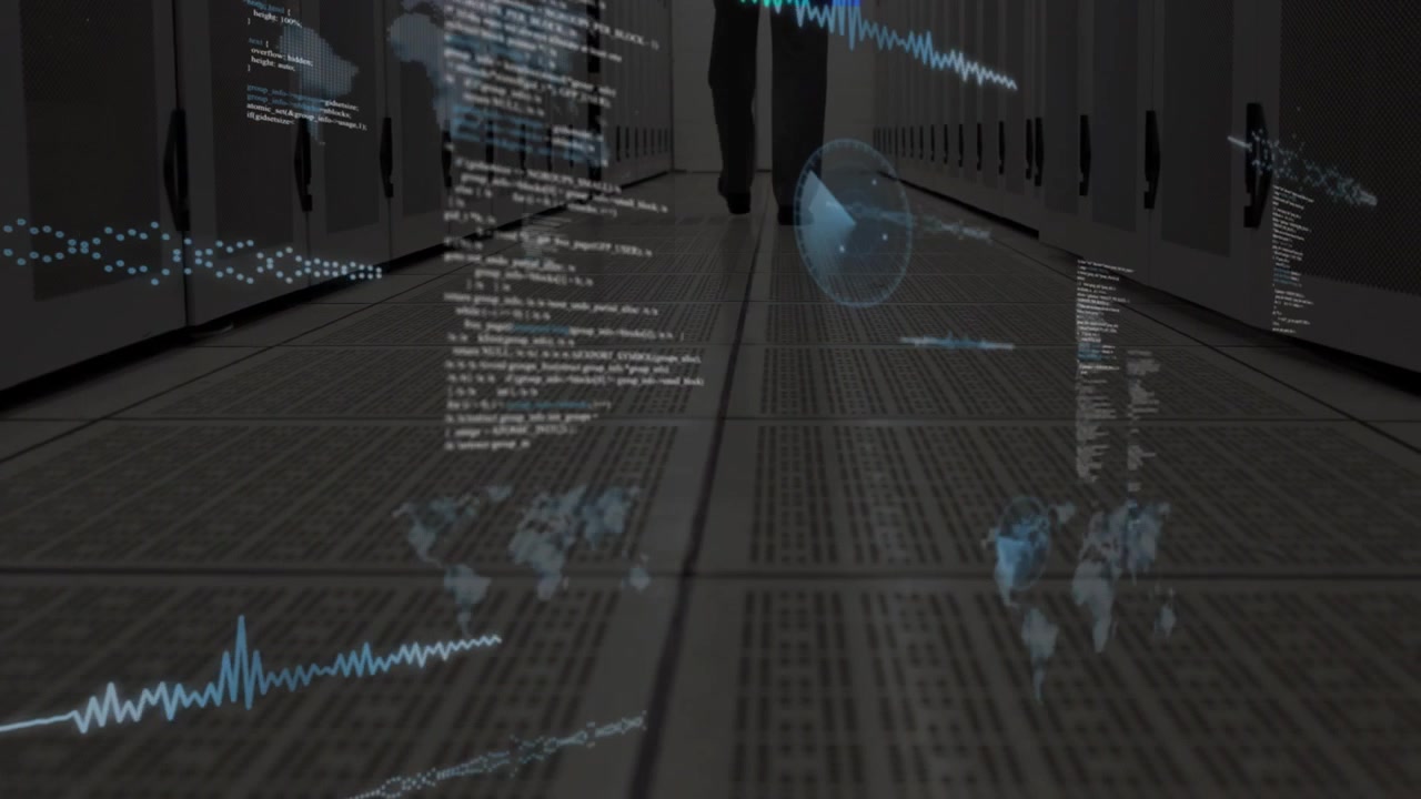 Technician walking server corridor creating code and charts rising from floor for visualizing data