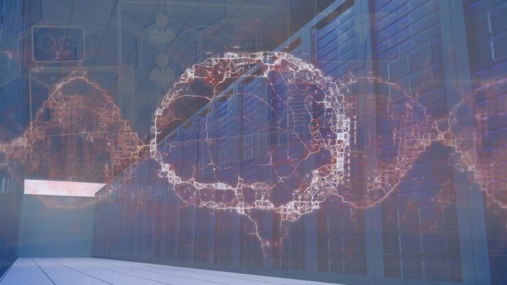 Animation of brain, data processing and server room