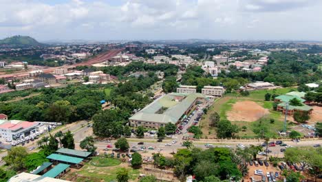 Ariel-shot-of-Abuja-district,-industrial-buildings