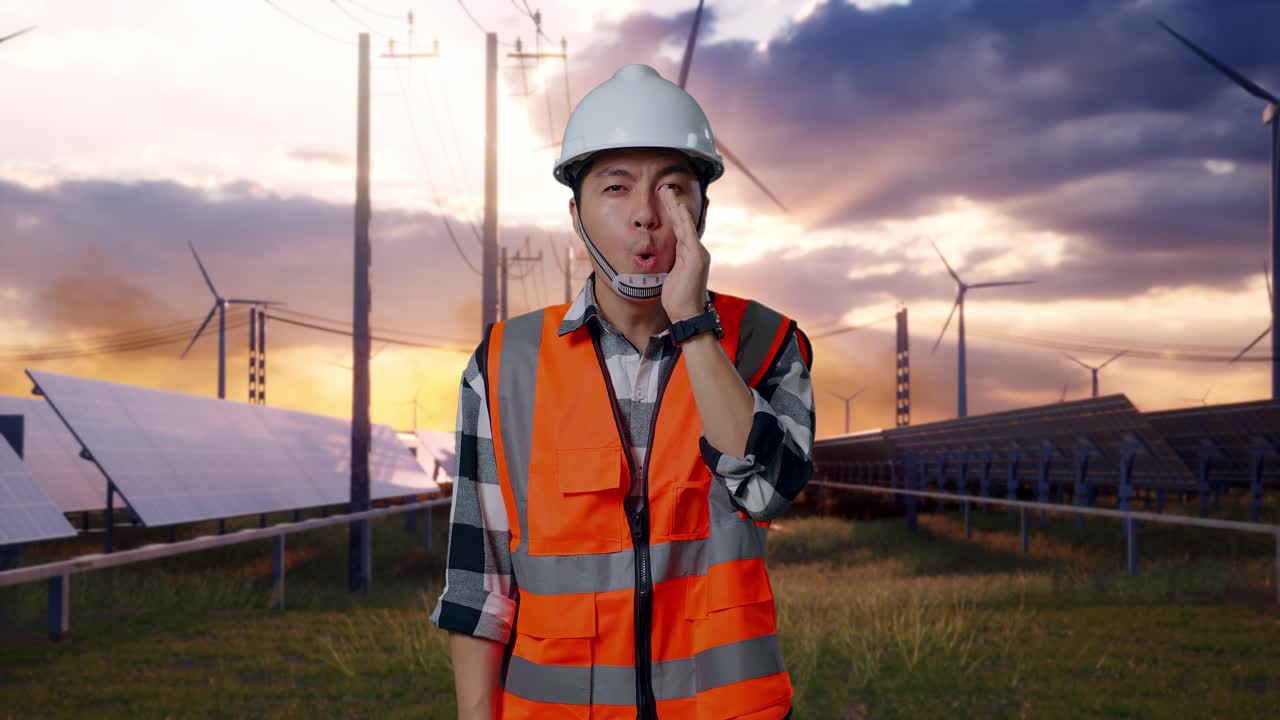 Asian Male Engineer With Safety Helmet Yelling With Hand Over Mouth While Standing With Solar Panel and Wind Turbines