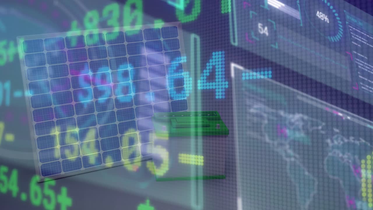 Animation of financial data processing over solar panel