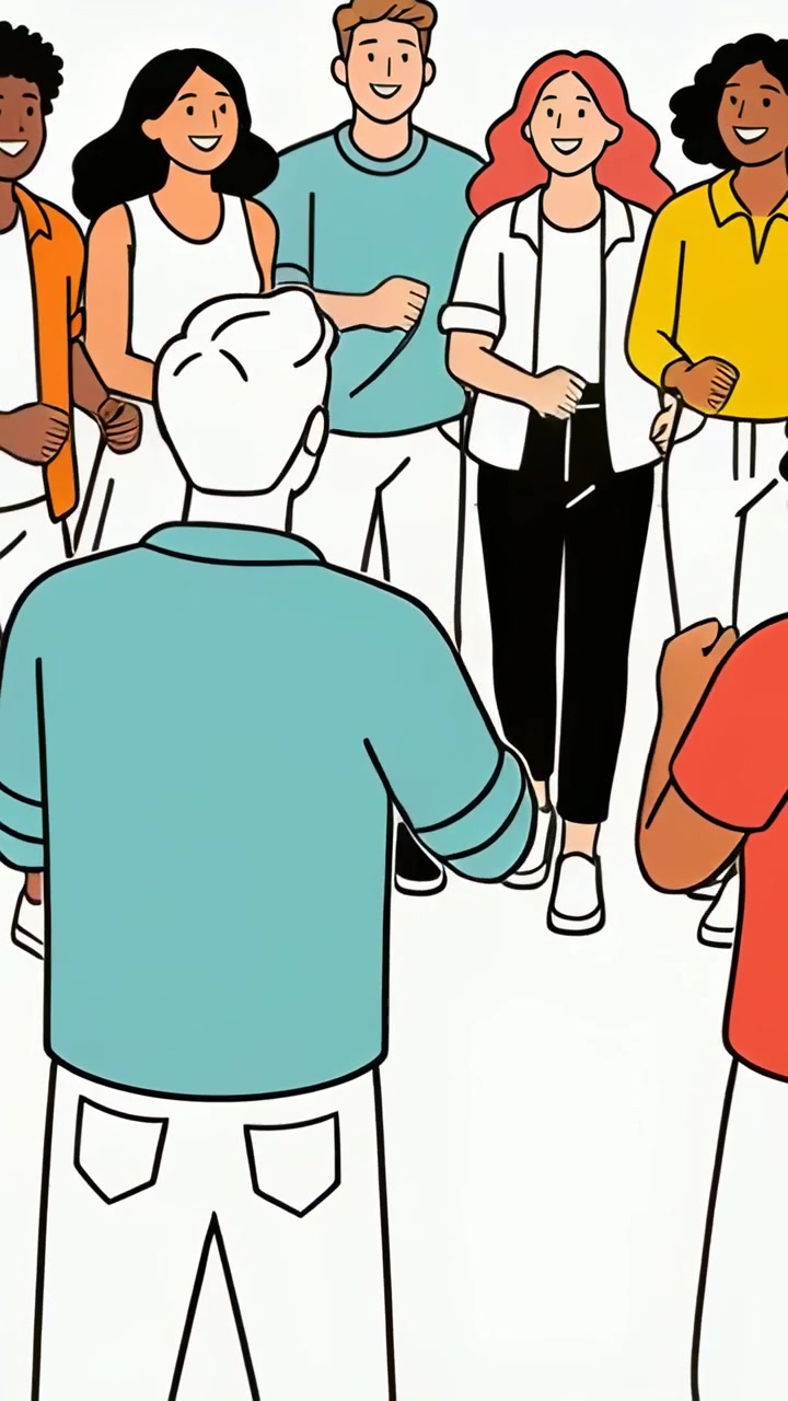 Vertical video: Front man in teal shirt raising arm greeting group marching on floor line in studio