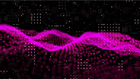 animación de un paisaje ondulado de puntos rosados, con luces blancas sobre fondo negro