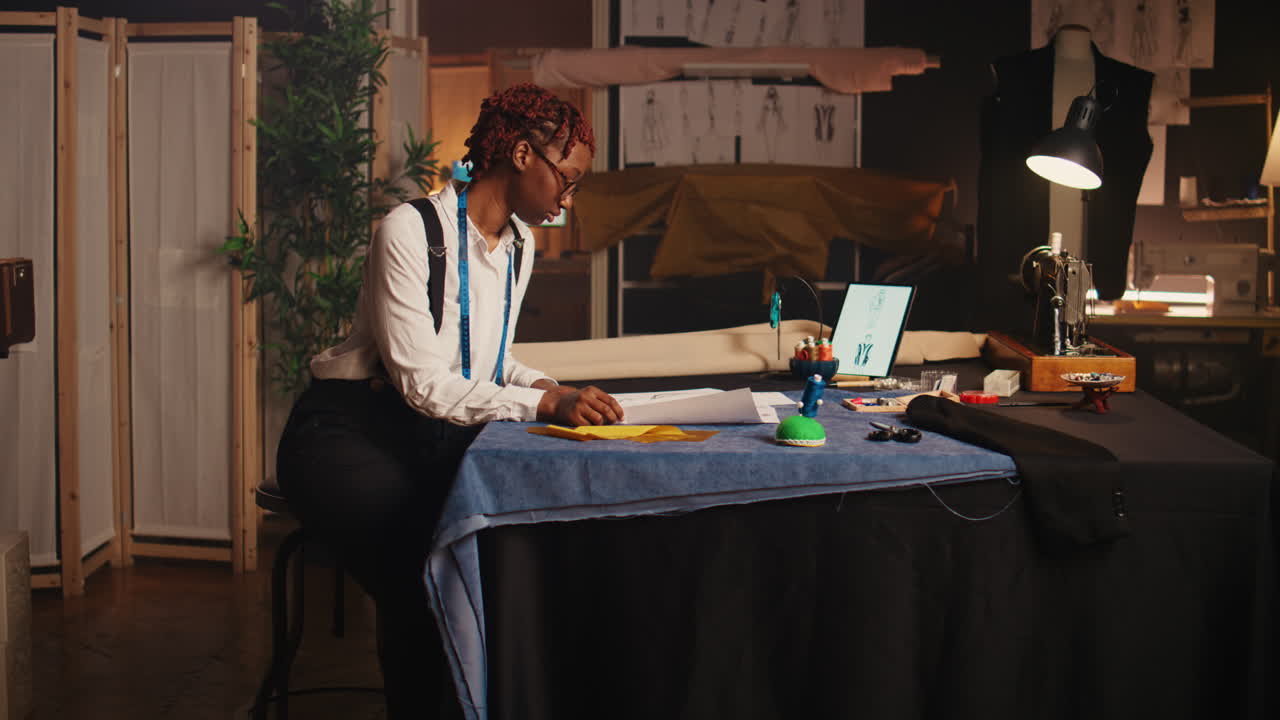 mujer diseñadora comprobando dibujos de ropa