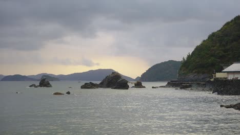 Meoto-Iwa-Shrine-on-Coastline-of-Mie-Prefecture-Japan-on-Cloudy-Day