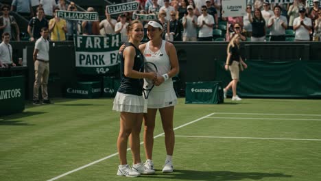 exciting tennis match highlights: two players celebrate on the court amidst a packed crowd cheering at the championship event with enthusiastic fans in the background