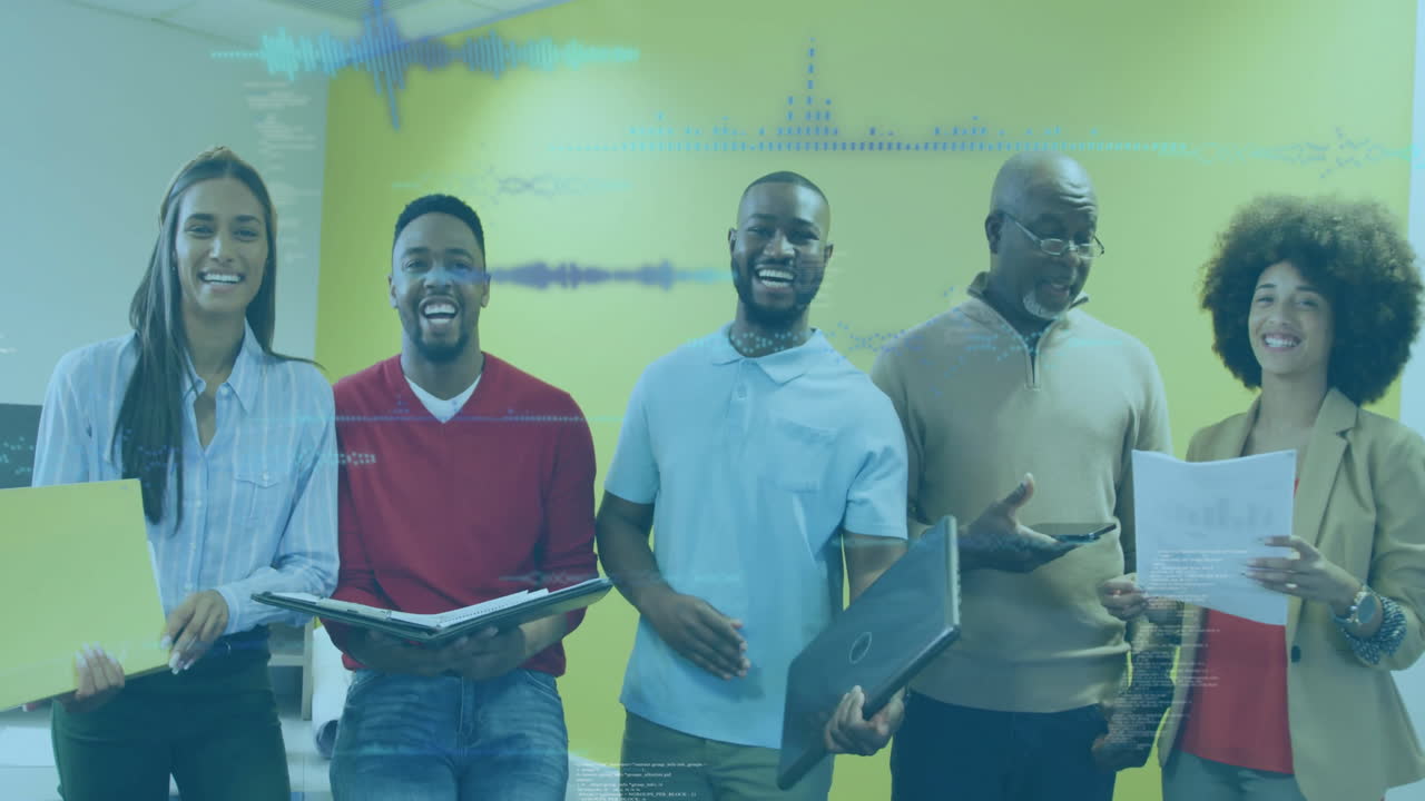Business team standing in office, displaying folder laptop phone chart with digital overlays